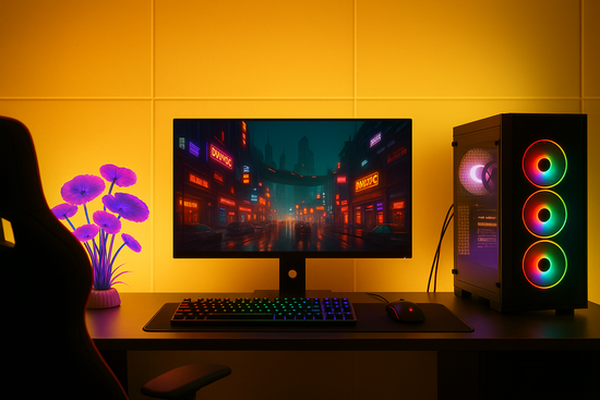 Gaming setup with monitor, keyboard, and RGB-lit computer tower on a desk.