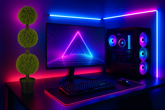Black Gaming Setup with LED Lights & Topiary Trees