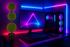 Black Gaming Setup with LED Lights & Topiary Trees