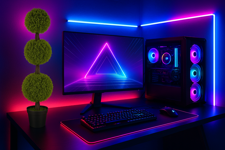 Black Gaming Setup with LED Lights & Topiary Trees