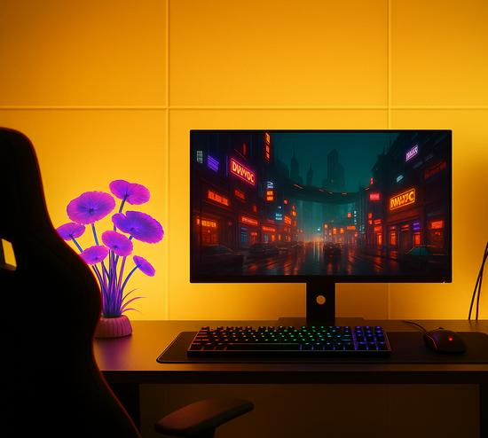 Gaming setup with monitor, keyboard, and RGB-lit computer tower on a desk.